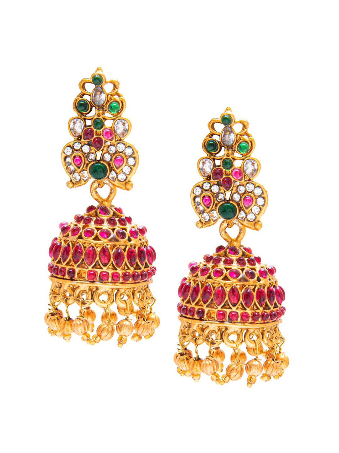 

Shining Jewel - By Shivansh Gold-Toned Pink, Green Stone Jhumkas Earrings