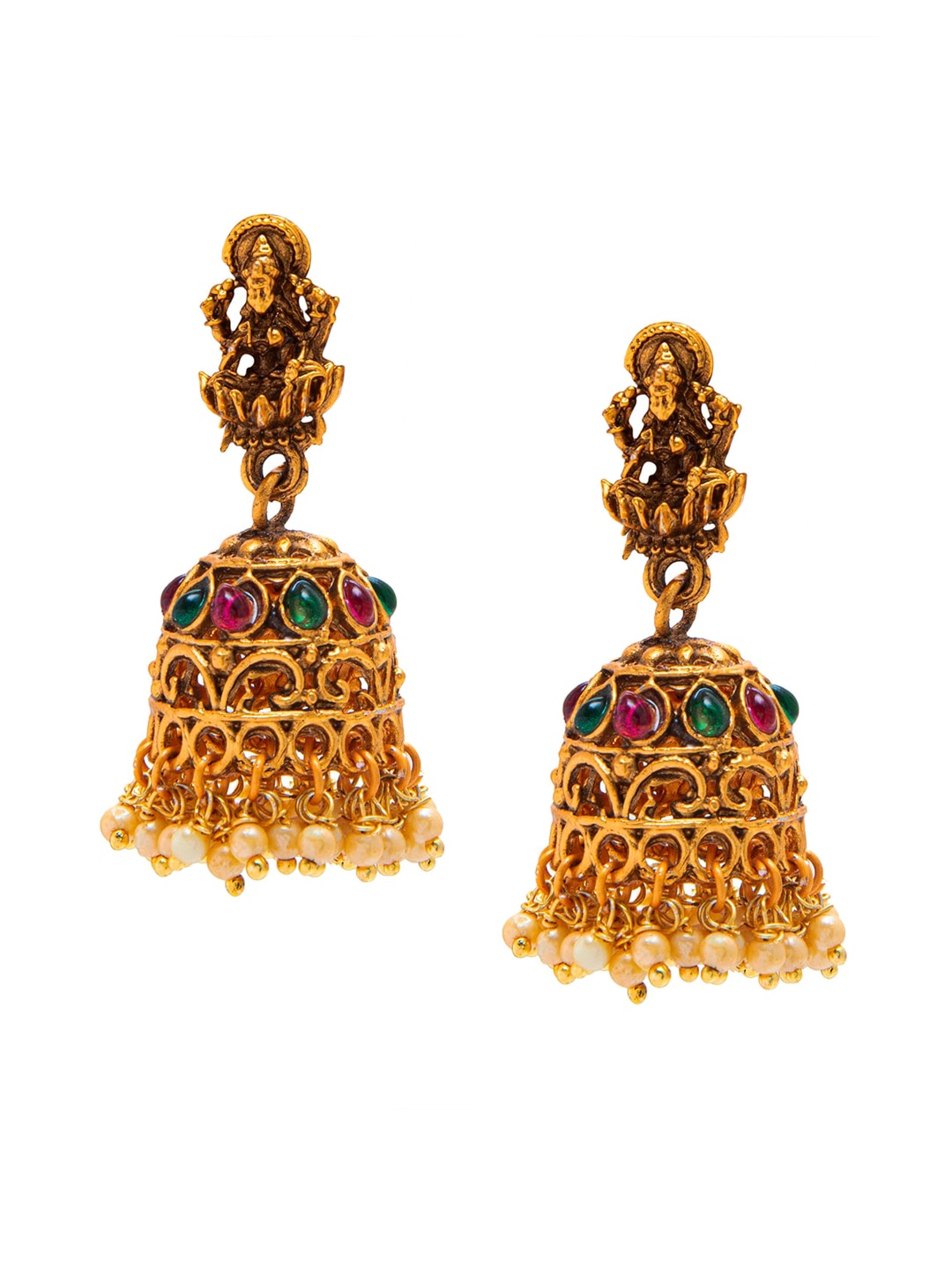 

Shining Jewel - By Shivansh Gold-Toned & Red Contemporary Jhumkas Earrings