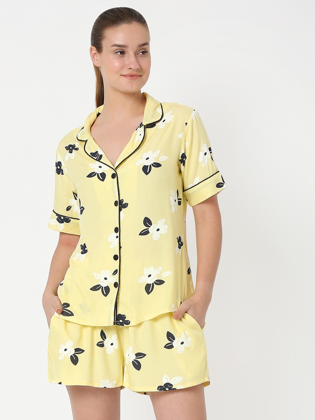

Smarty Pants Women Yellow & Black Printed Pure Cotton Shorts Night suit