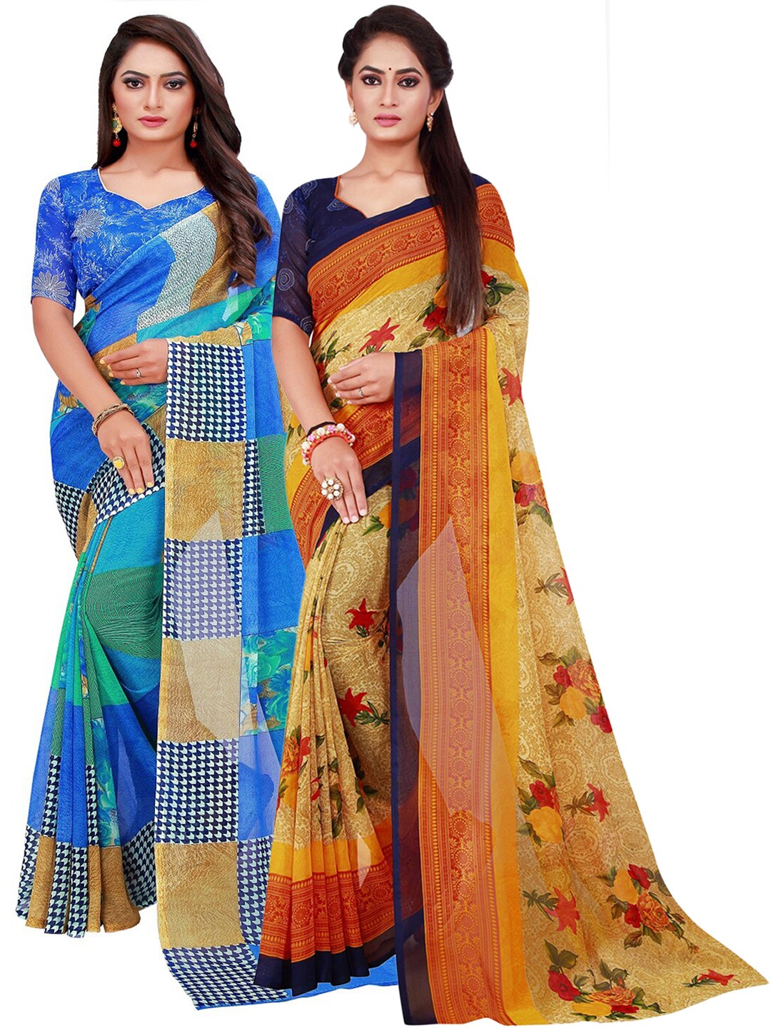 

SAADHVI Blue & Yellow Printed Pure Georgette Saree Pack Of 2