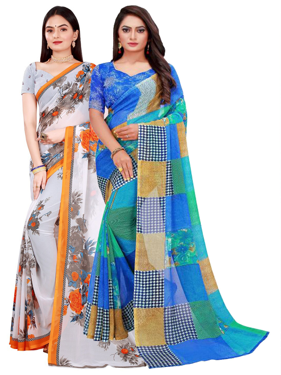 

SAADHVI White & Blue Set Of 2 Floral Pure Georgette Saree