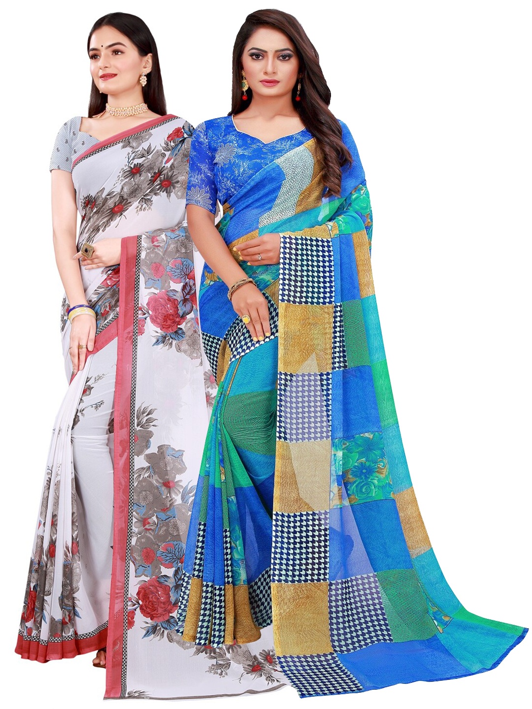 

SAADHVI Multicolour Set of 2 Floral Printed Georgette Saree, Multi