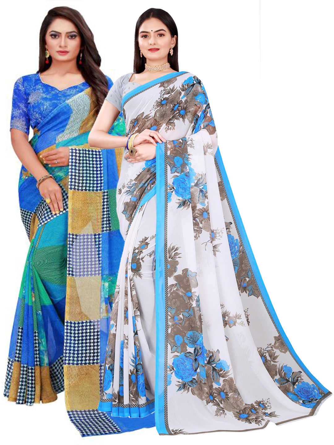 

SAADHVI White & Blue Printed Pure Georgette Saree Pack Of 2