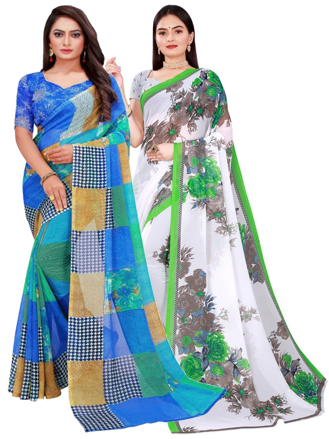 

SAADHVI White & Blue Floral Printed Pure Georgette Saree Pack Of 2