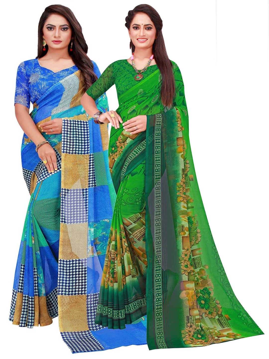 

SAADHVI Blue & Green Set Of 2 Floral Pure Georgette Saree