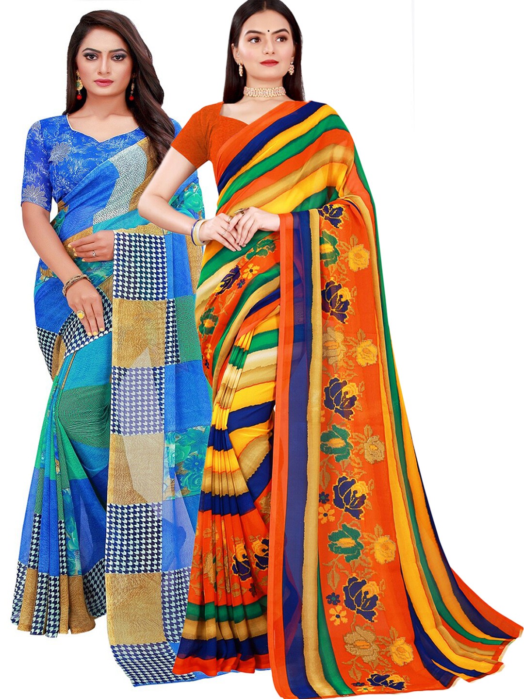 

SAADHVI Blue & Red Printed Pure Georgette Saree Pack Of 2