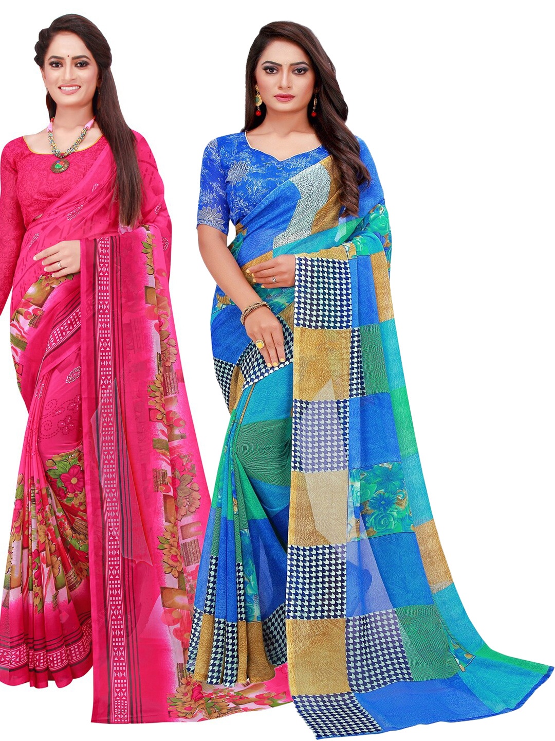 

SAADHVI Pink & Blue Set Of 2 Floral Pure Georgette Saree