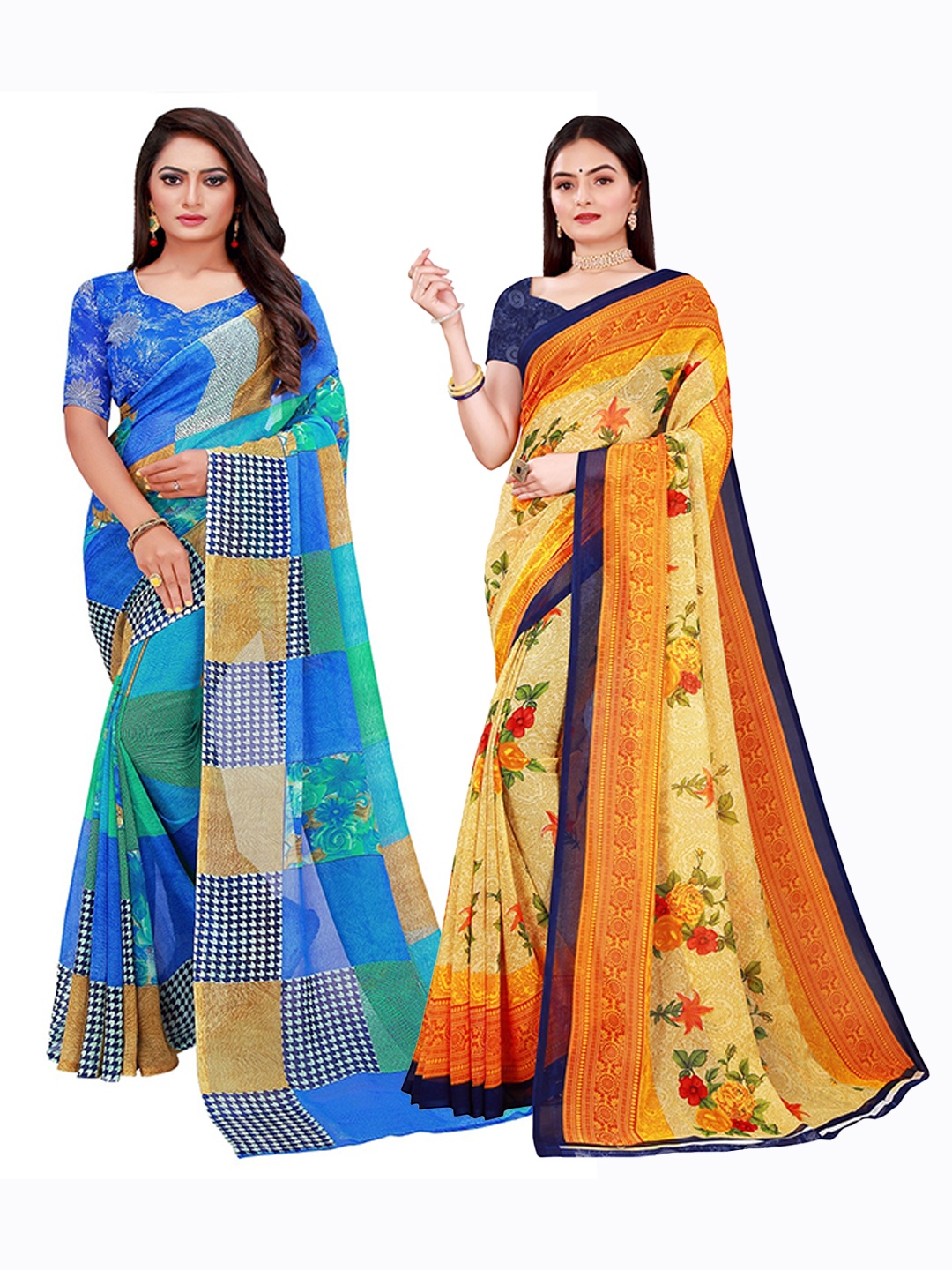 

SAADHVI Yellow & Blue Set of 2 Floral Printed Georgette Saree