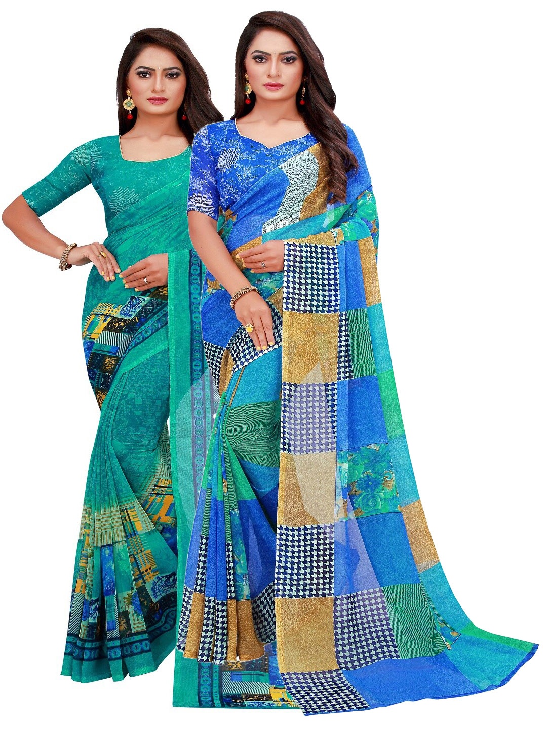 

SAADHVI Teal & Blue Set Of 2 Floral Pure Georgette Saree