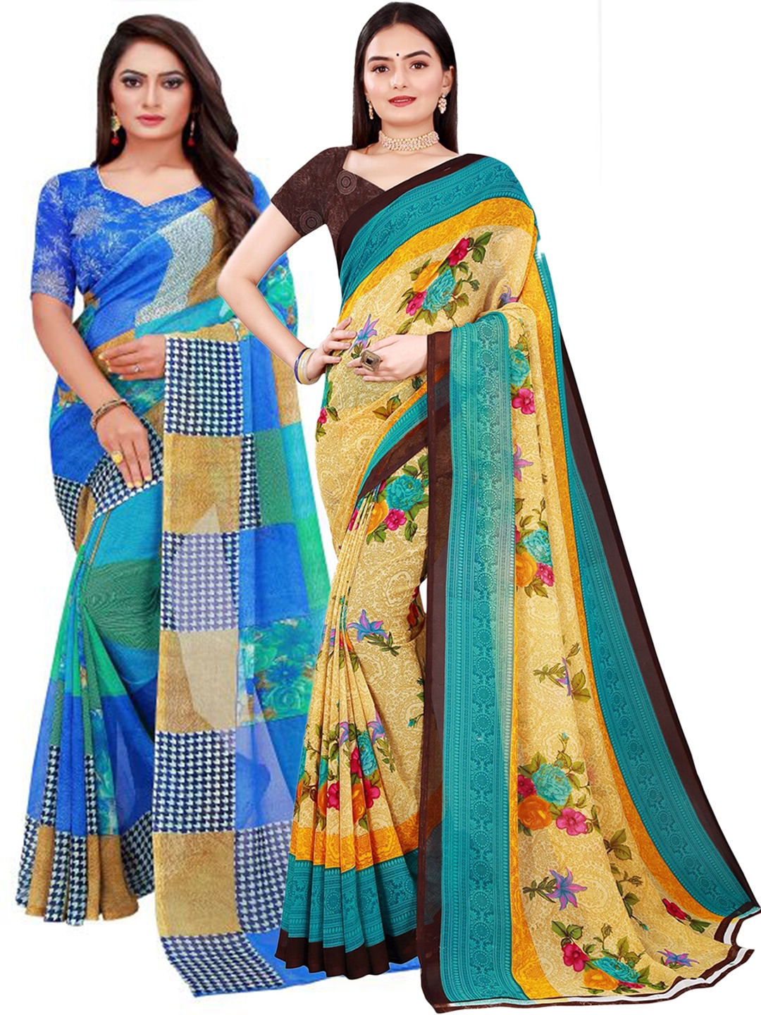 

SAADHVI Yellow & Blue Printed Pure Georgette Saree Pack Of 2