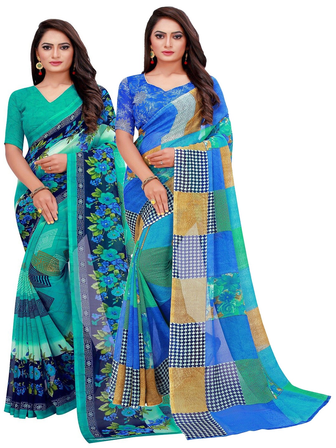 

SAADHVI Blue & Teal Set of 2 Floral Printed Georgette Saree