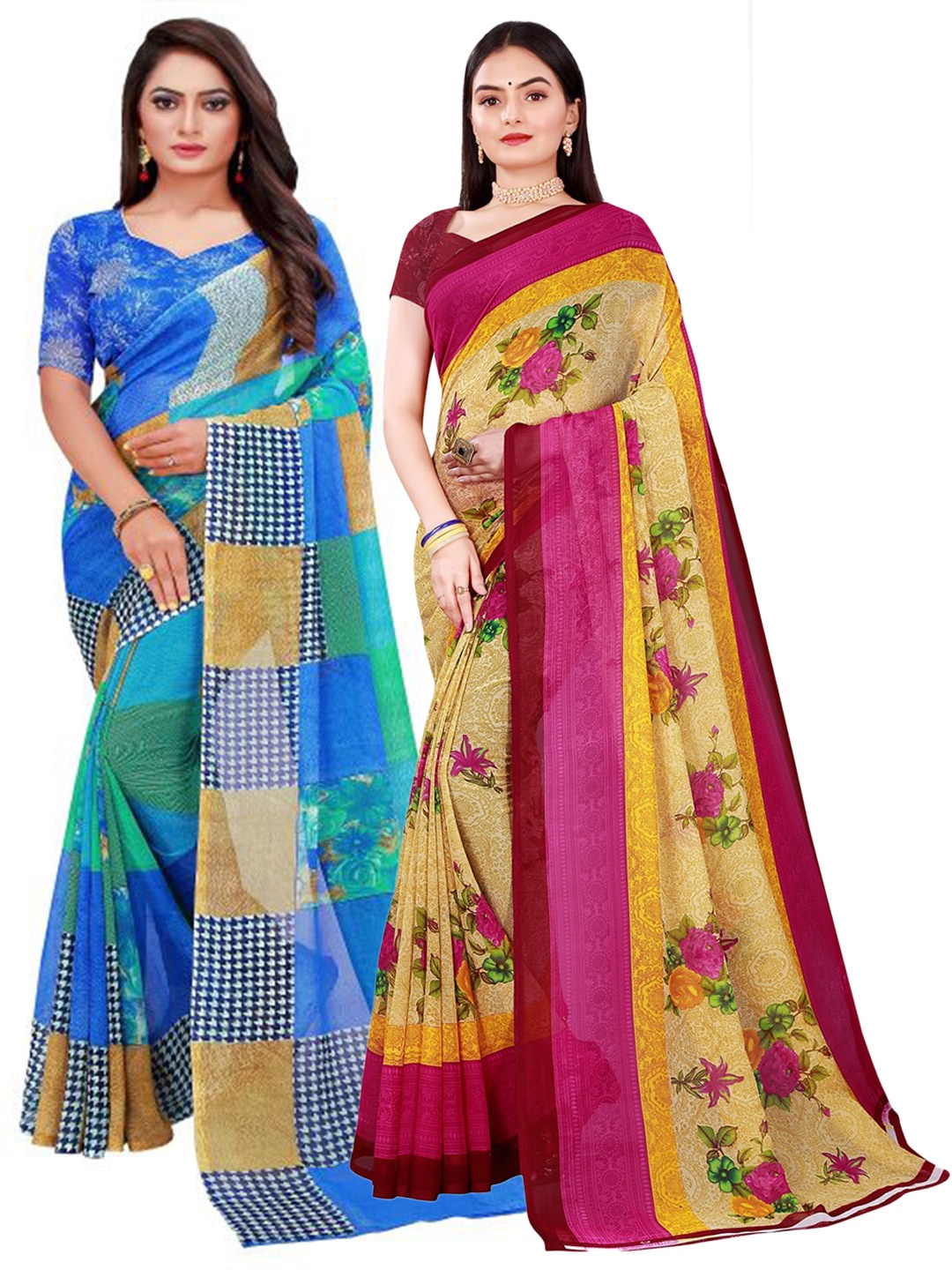 

SAADHVI Beige & Blue Printed Pure Georgette Saree Pack Of 2