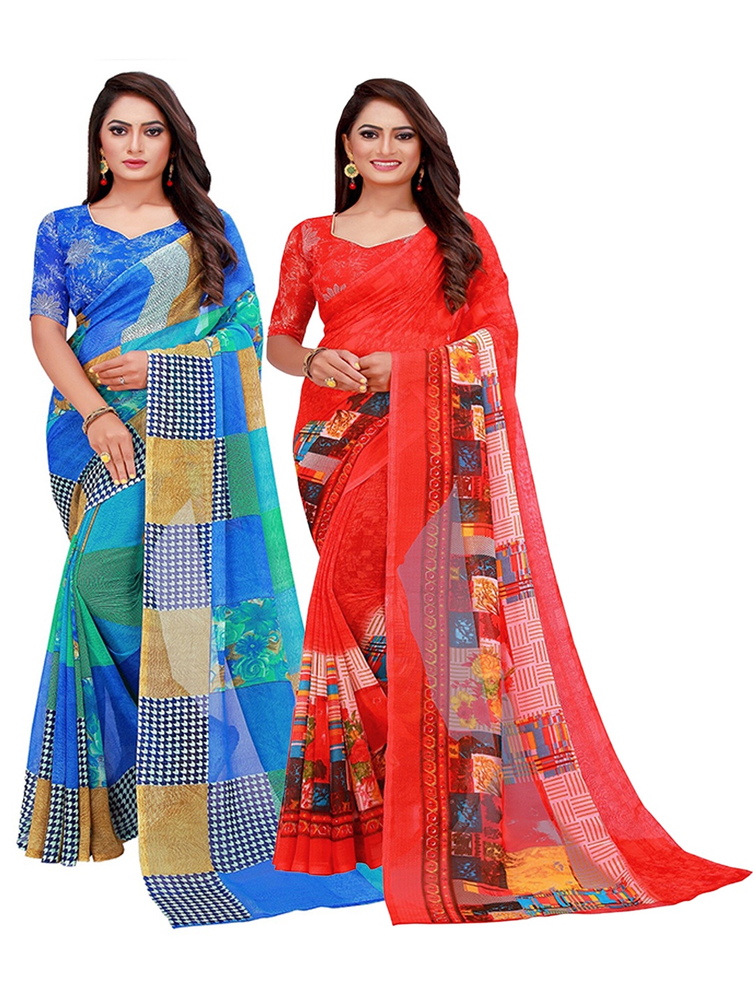 

SAADHVI Red & Blue Set Of 2 Floral Pure Georgette Saree