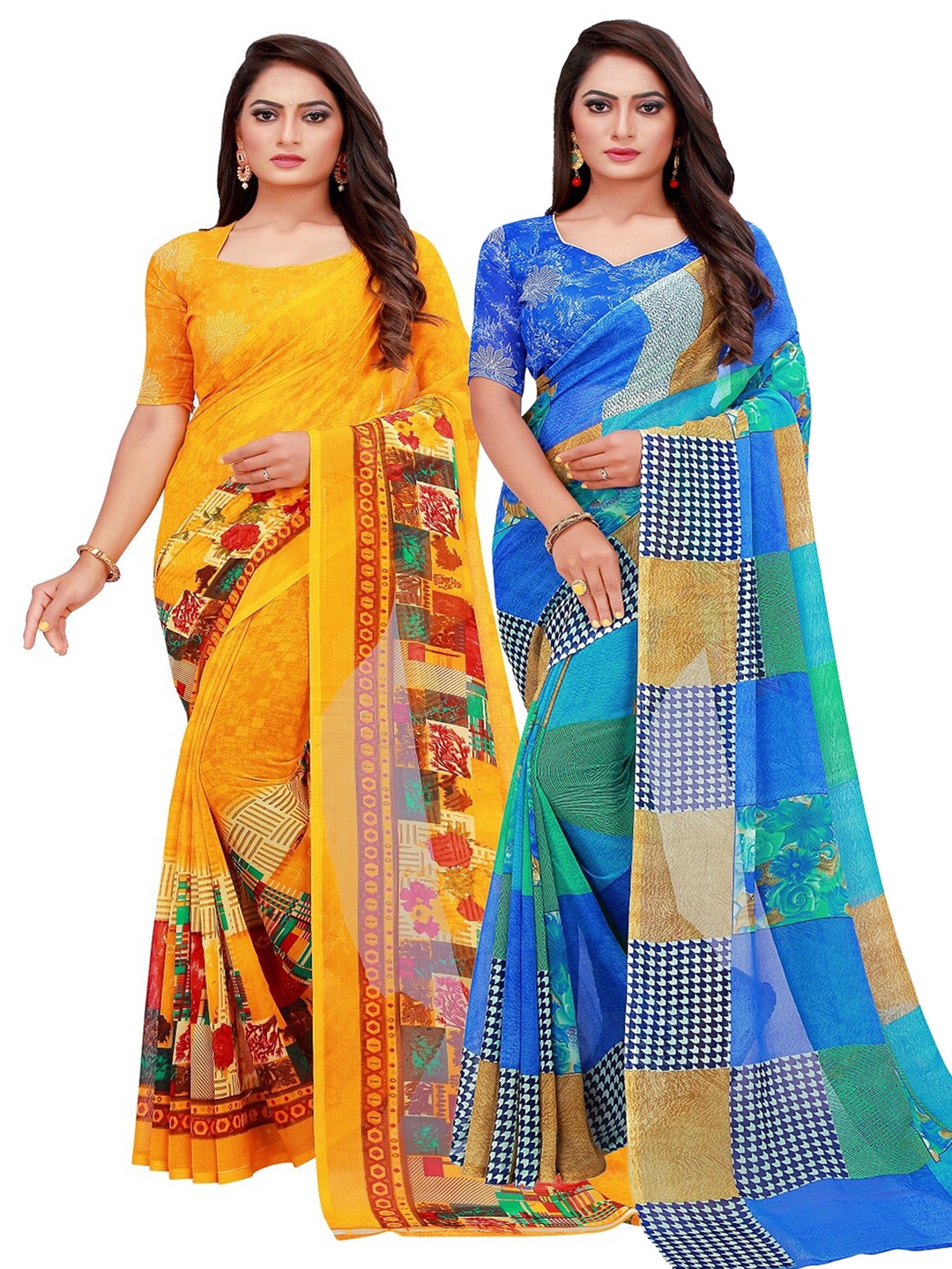 

SAADHVI Blue & Yellow Printed Pure Georgette Saree Pack Of 2