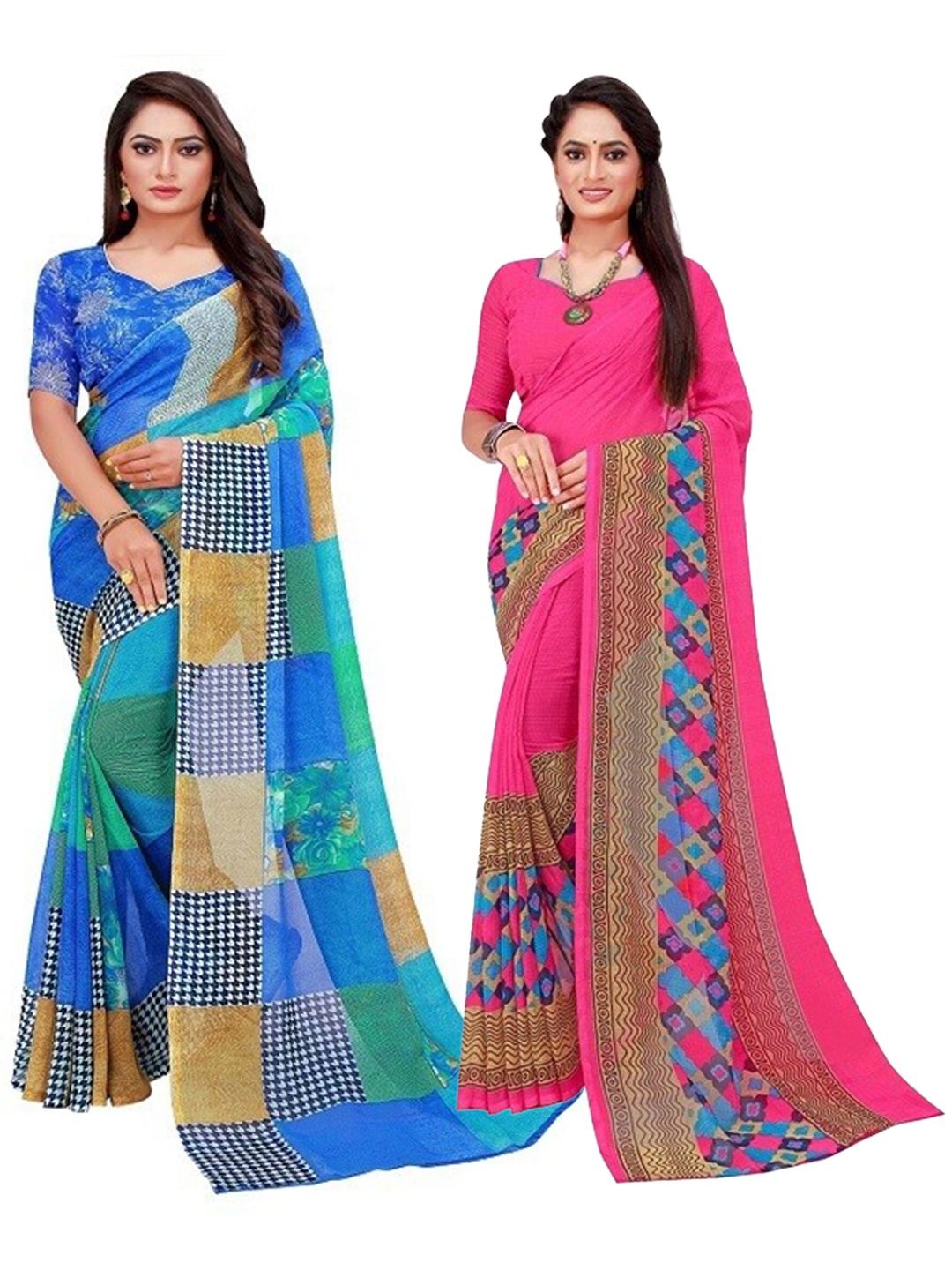 

SAADHVI Magenta & Blue Printed Pure Georgette Saree Pack Of 2