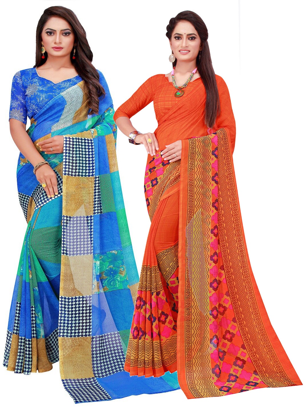 

SAADHVI Orange & Blue Printed Pure Georgette Saree Pack Of 2