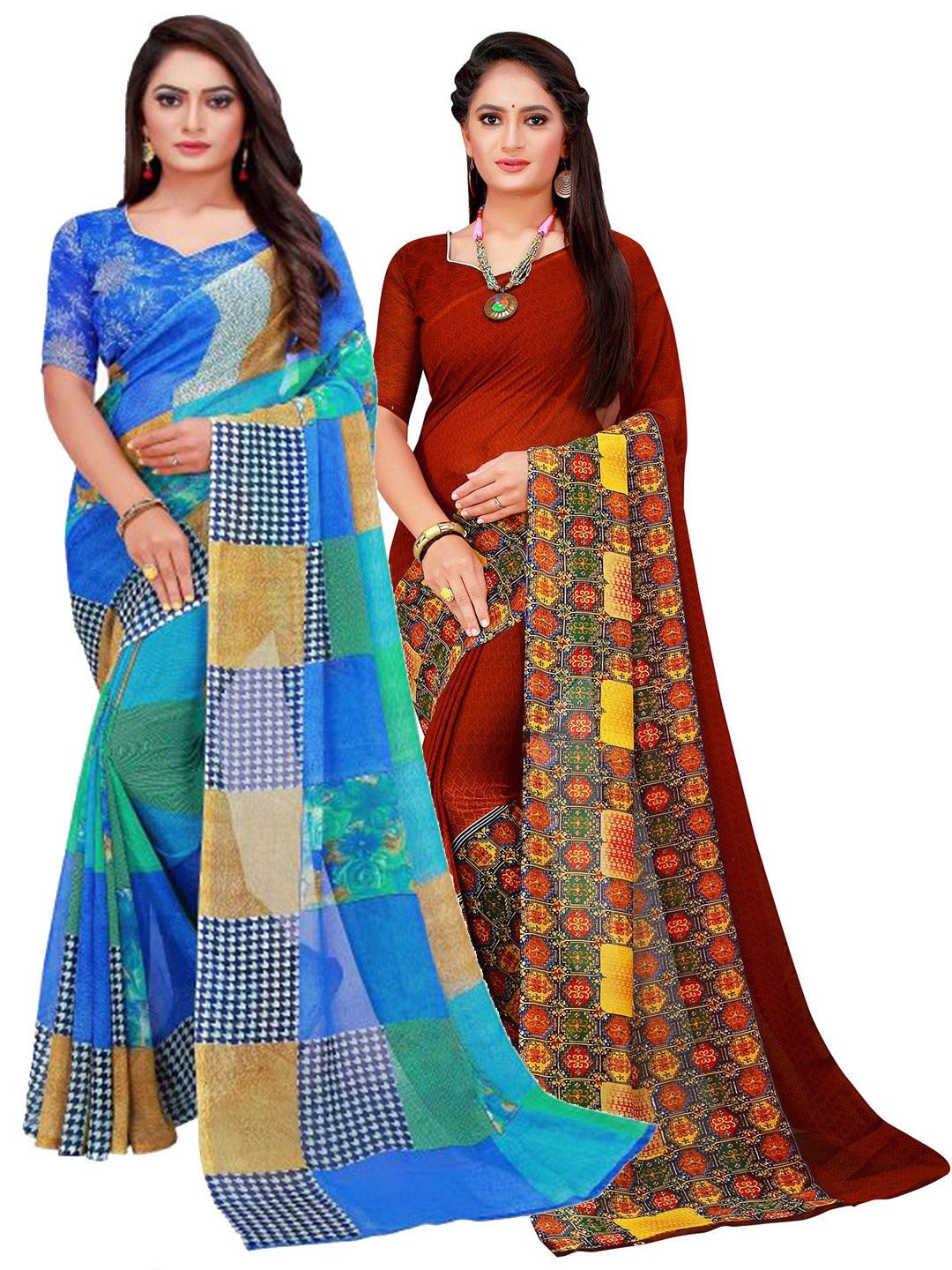 

SAADHVI Blue & Brown Set Of 2 Floral Pure Georgette Saree