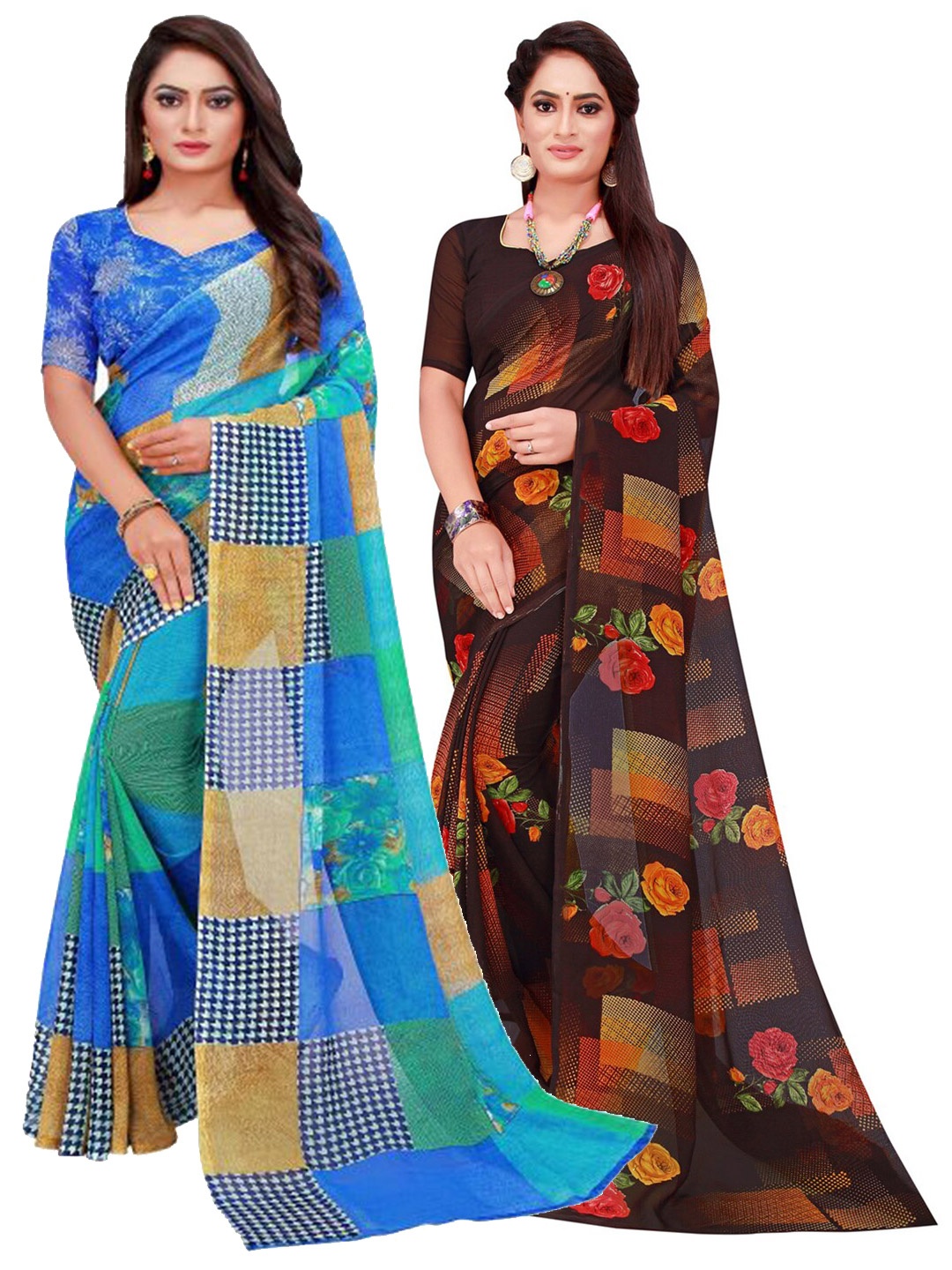 

SAADHVI Blue & Brown Printed Pure Georgette Saree Pack Of 2