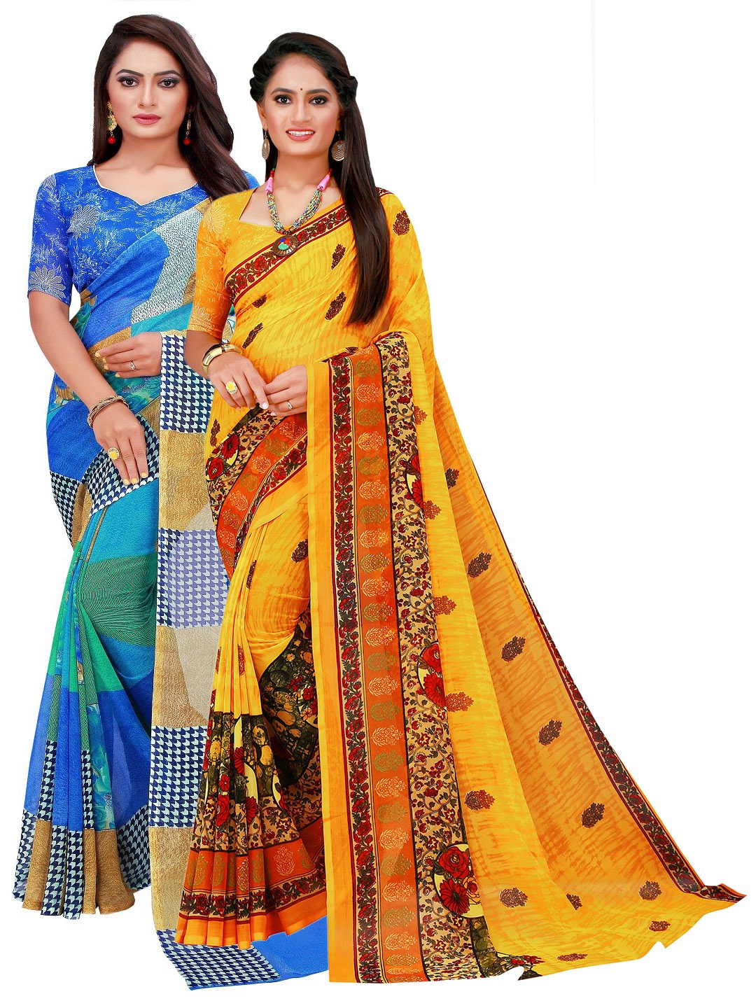 

SAADHVI Blue & Yellow Set of 2 Floral Printed Georgette Saree