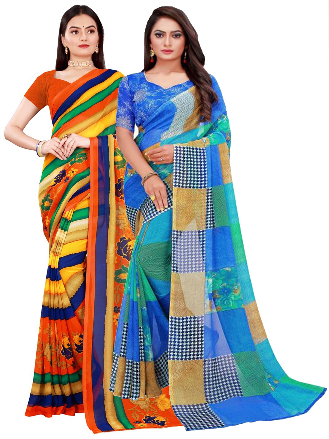 

SAADHVI Yellow & Blue Set Of 2 Floral Pure Georgette Saree
