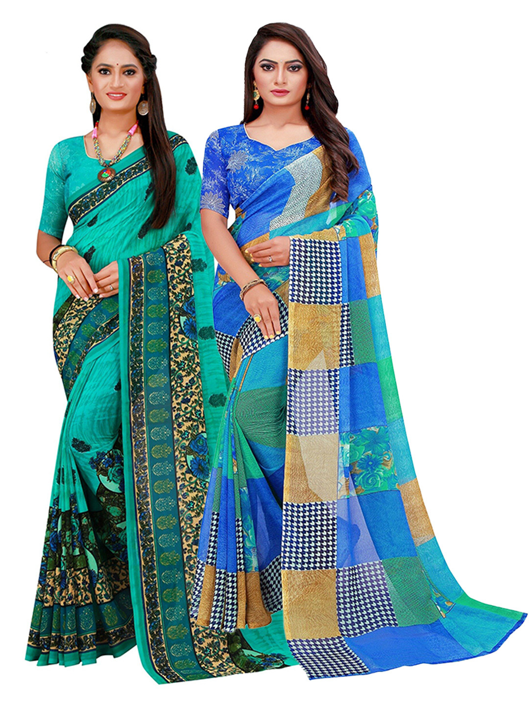 

SAADHVI Blue & Green Printed Pure Georgette Saree Pack Of 2