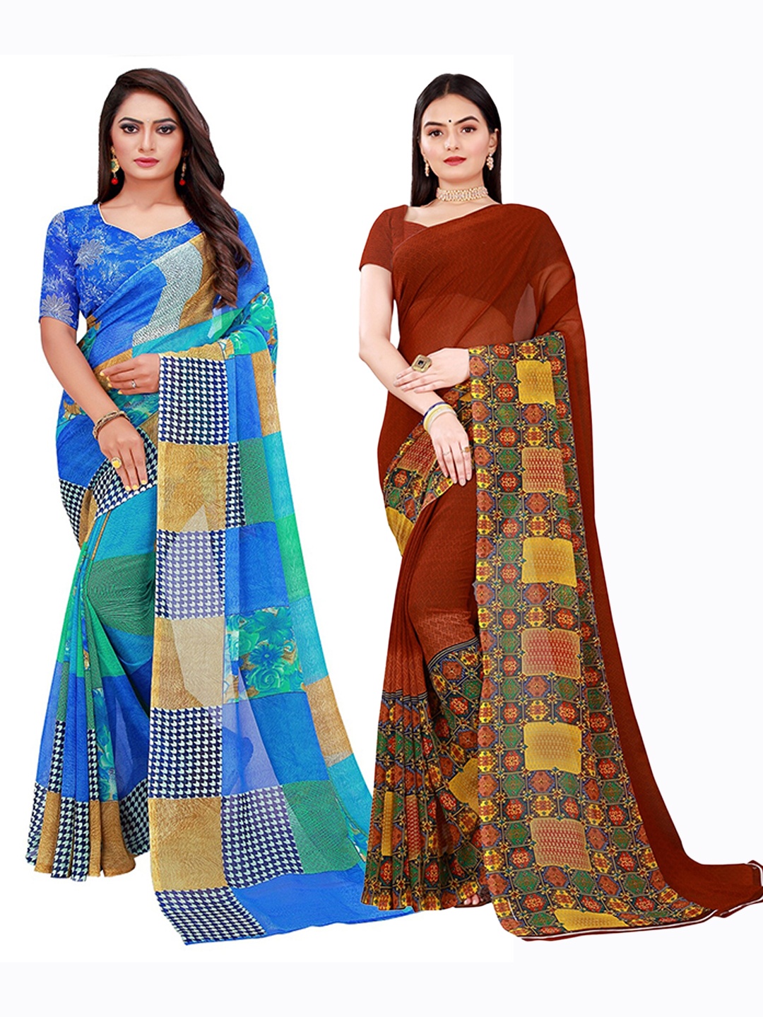 

SAADHVI Brown & Blue Set of 2 Floral Printed Georgette Saree
