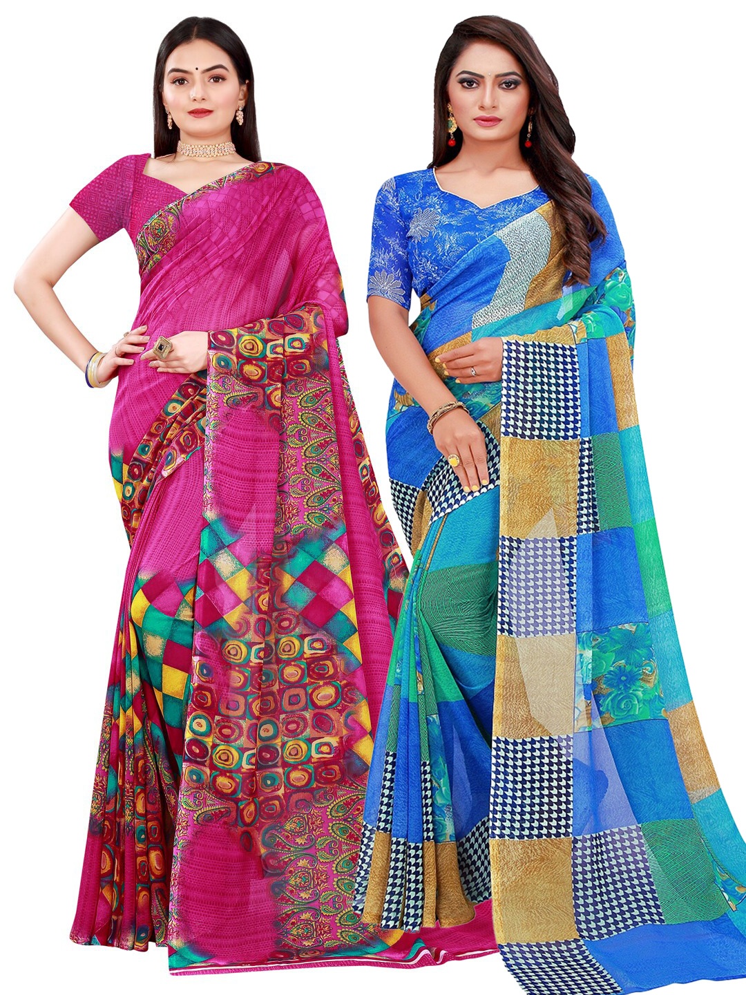 

SAADHVI Magenta & Blue Set of 2 Floral Printed Georgette Saree