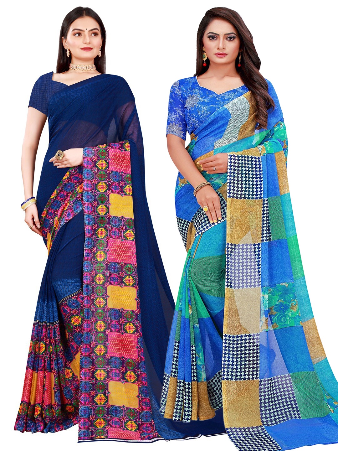 

SAADHVI Navy Blue & Yellow Set Of 2 Floral Pure Georgette Saree