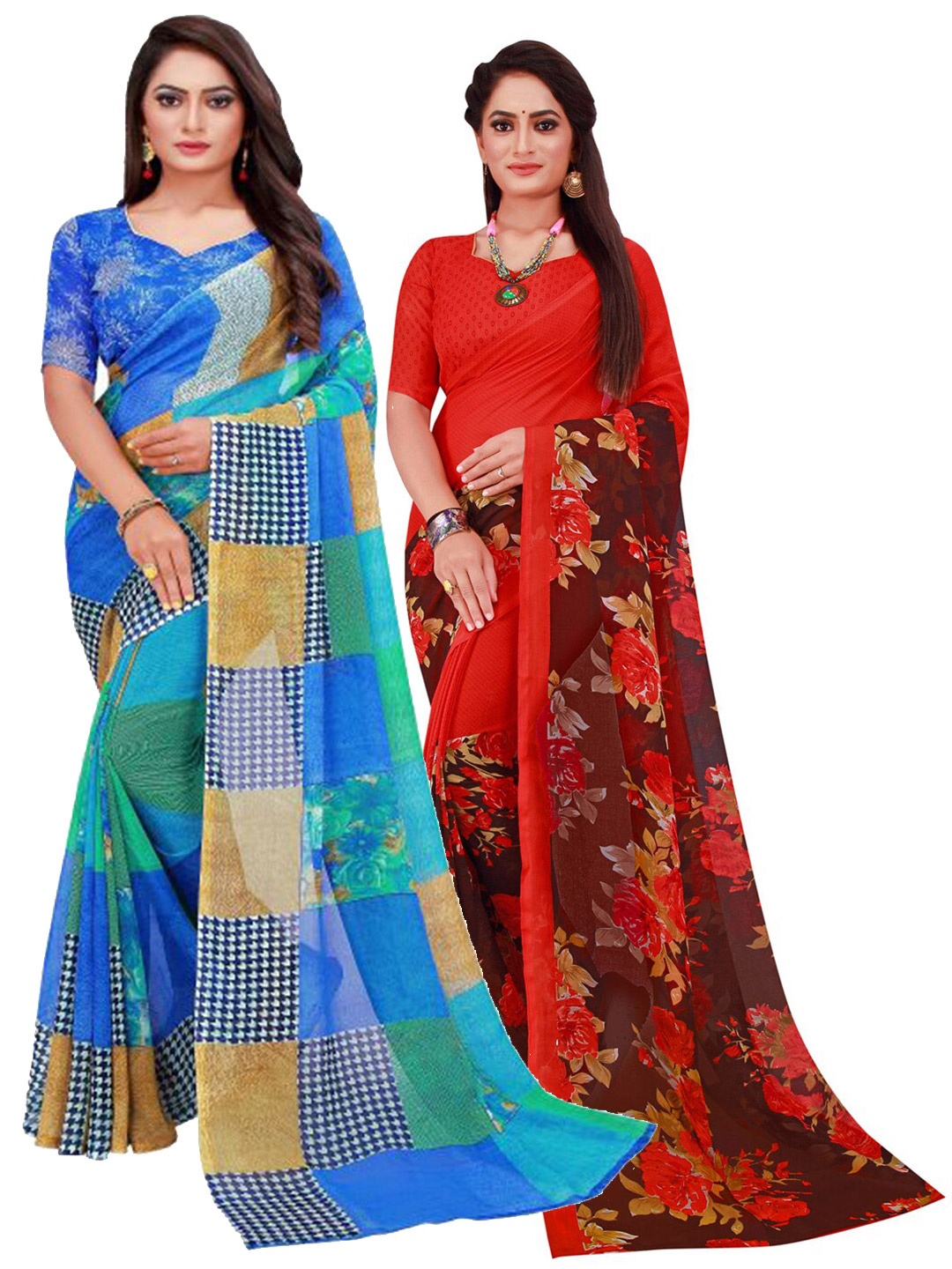 

SAADHVI Blue & Red Printed Pure Georgette Saree Pack Of 2