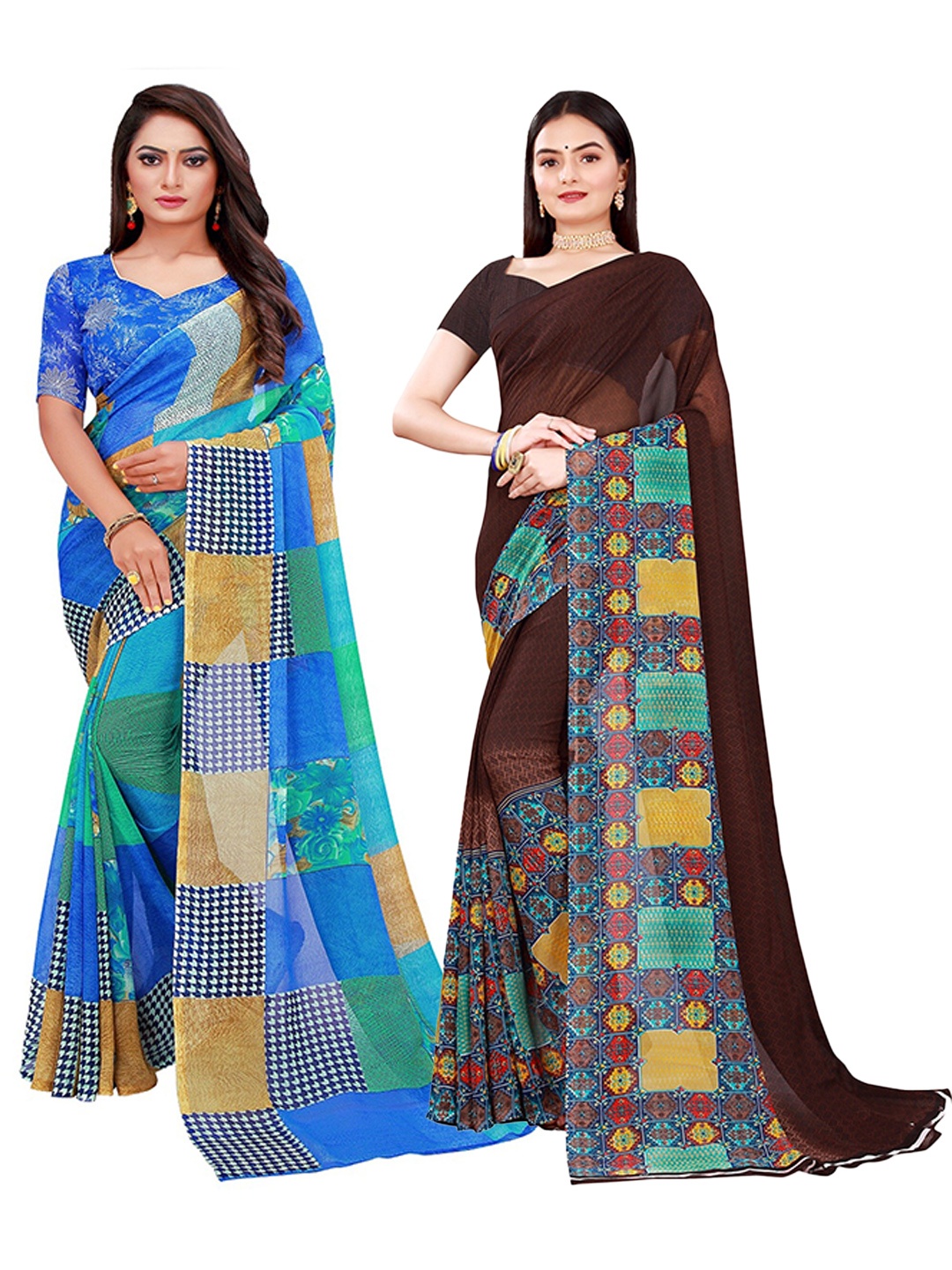 

SAADHVI Brown & Blue Set Of 2 Floral Pure Georgette Saree