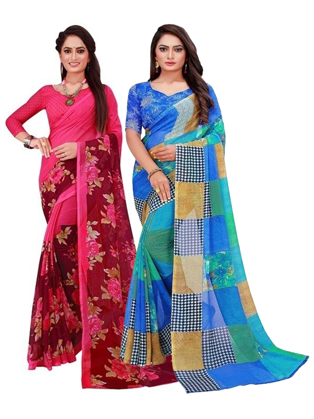 

SAADHVI Blue & Pink Set of 2 Floral Printed Georgette Saree