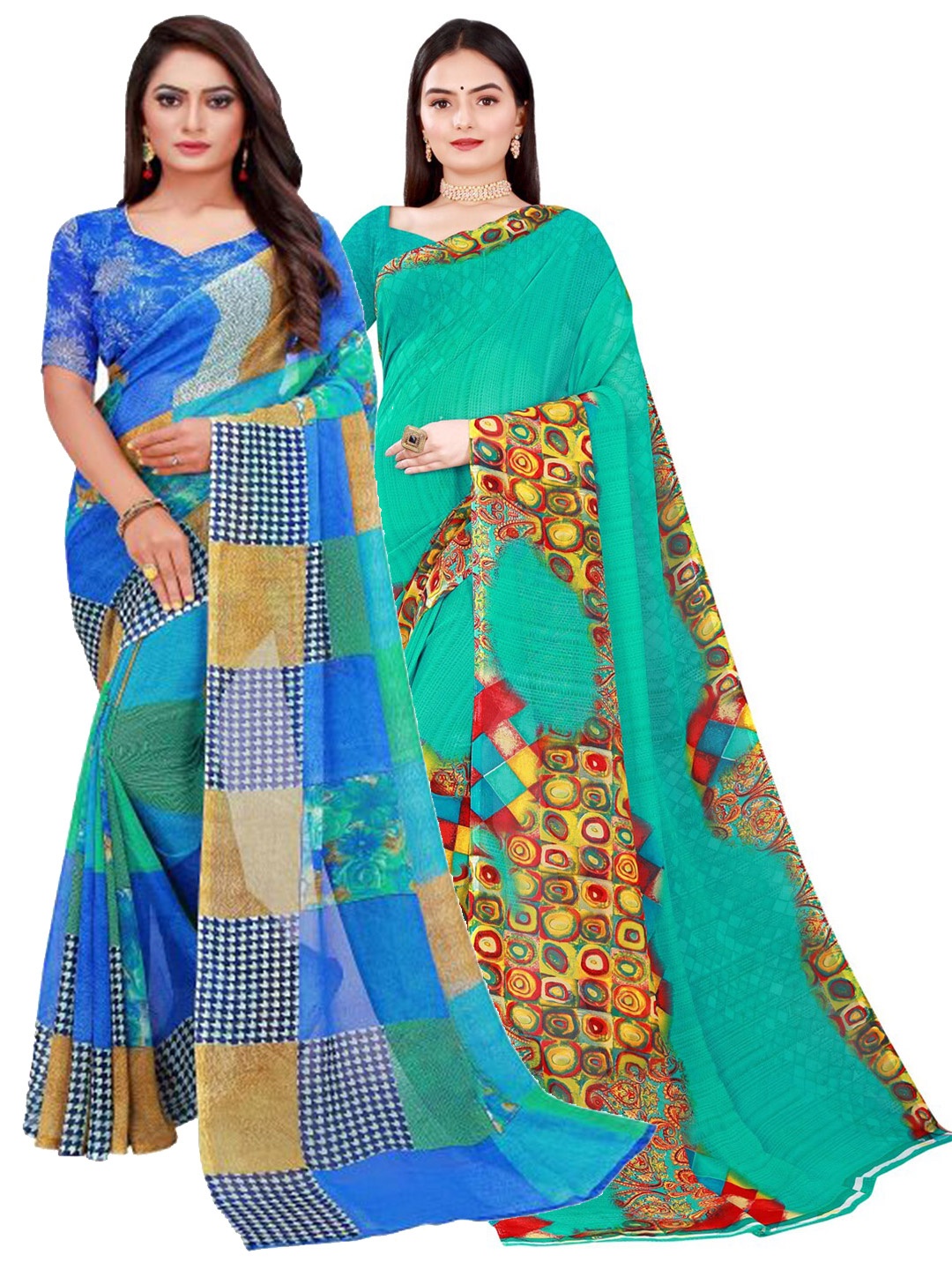 

SAADHVI Teal & Blue Printed Pure Georgette Saree Pack Of 2