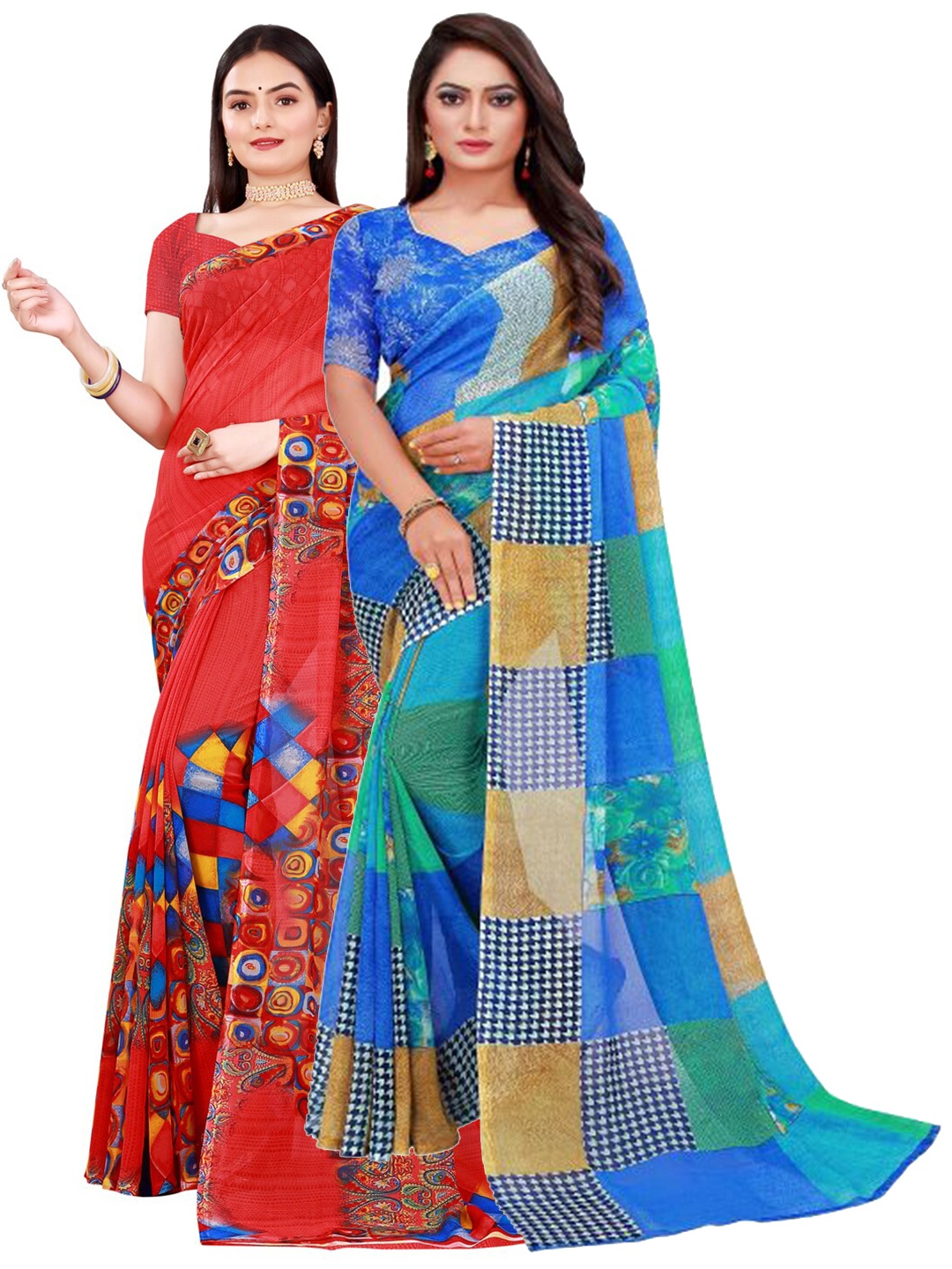 

SAADHVI Red & Blue Printed Pure Georgette Saree Pack Of 2