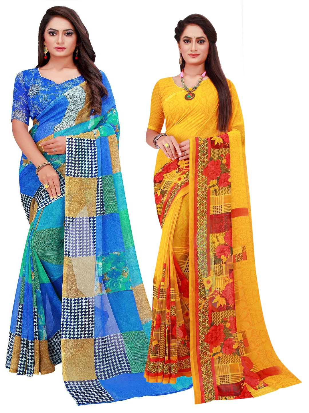 

SAADHVI Yellow & Blue Set of 2 Floral Printed Georgette Saree
