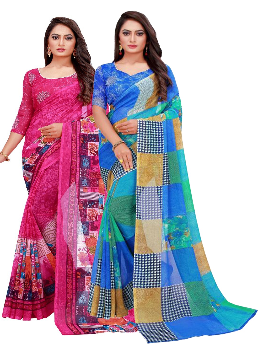 

SAADHVI Blue & Pink Set Of 2 Floral Pure Georgette Saree