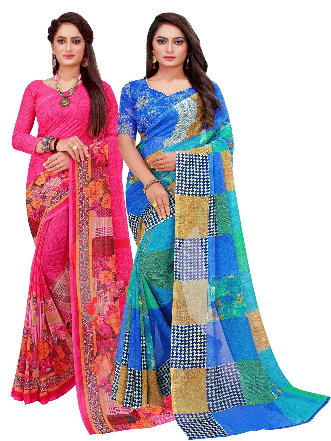

SAADHVI Pink & Blue Set Of 2 Floral Pure Georgette Saree