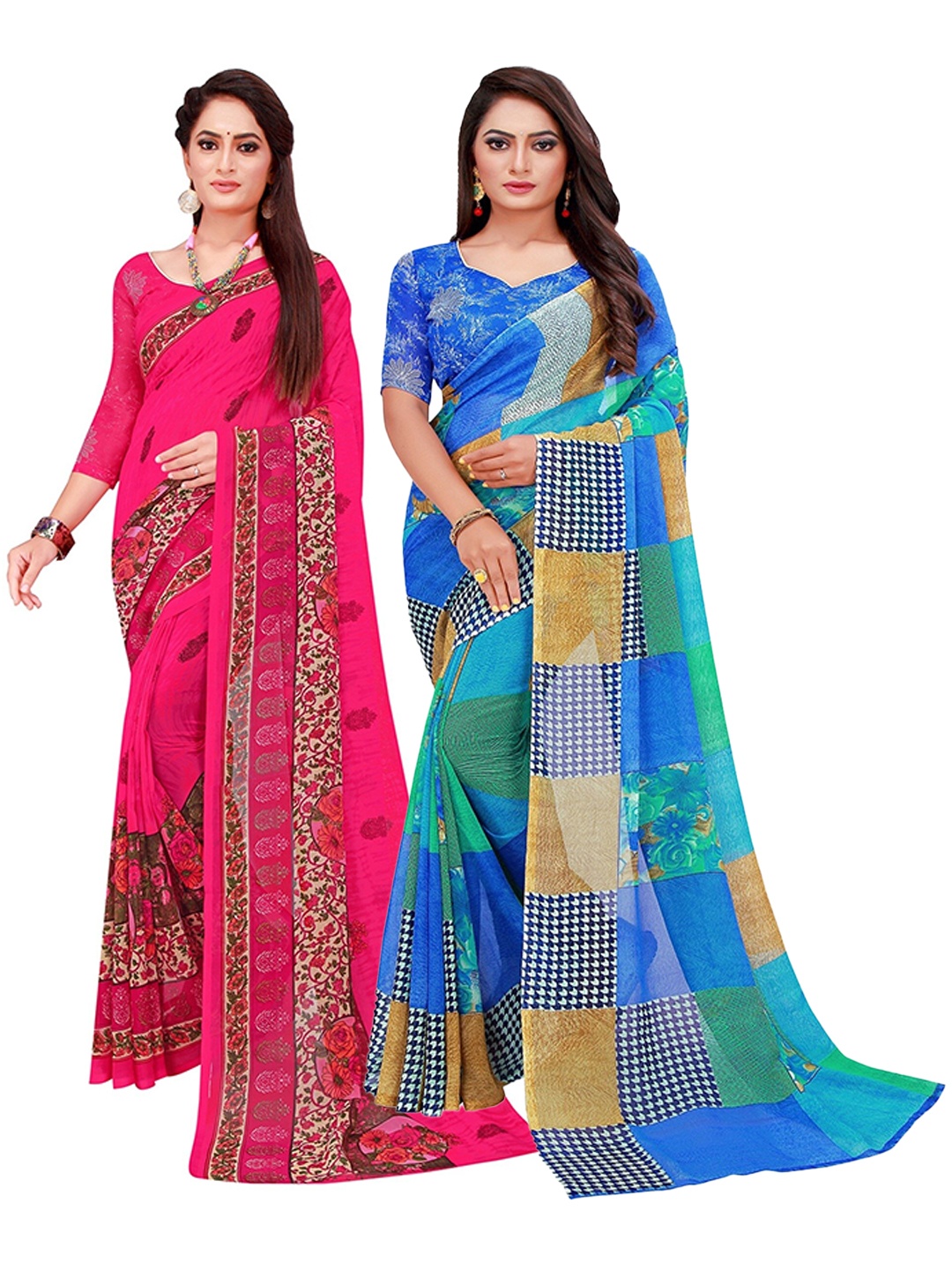 

SAADHVI Blue & Pink Set of 2 Floral Printed Georgette Saree