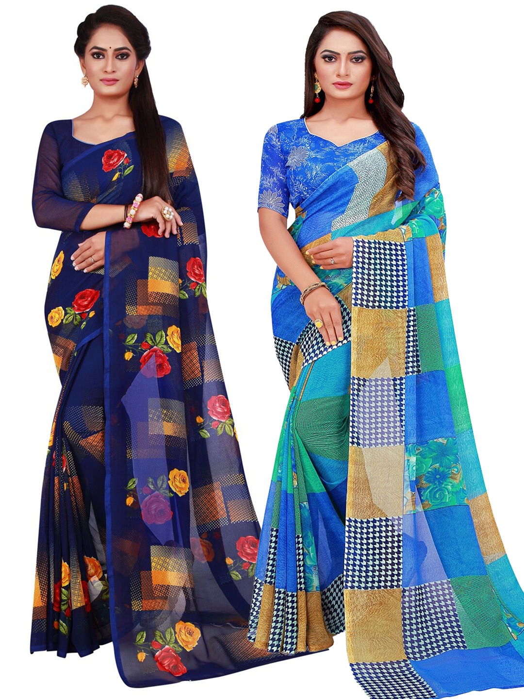 

SAADHVI Blue & Red Set Of 2 Floral Pure Georgette Saree