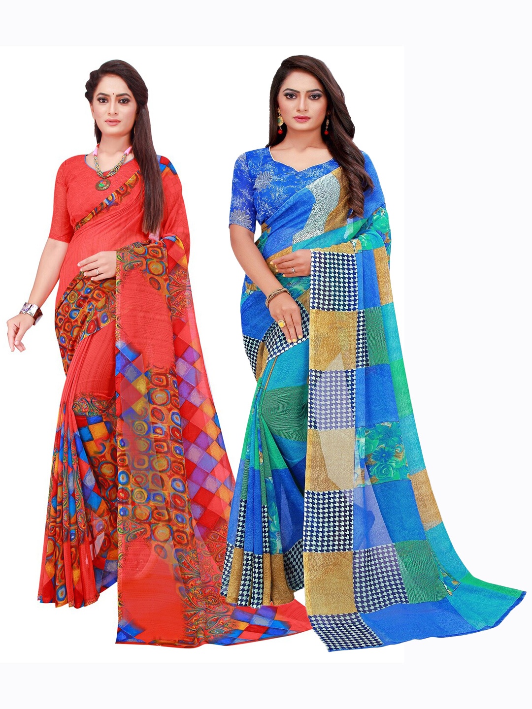 

SAADHVI Blue & Red Printed Pure Georgette Saree Pack Of 2