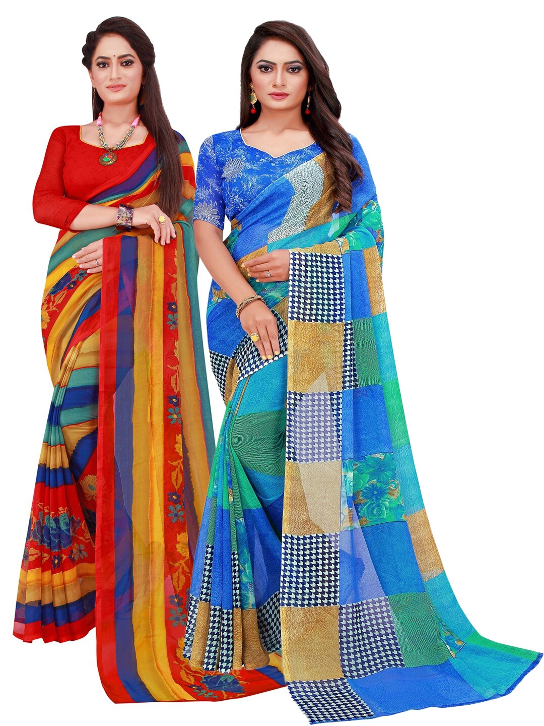 

SAADHVI Blue & Red Set of 2 Floral Printed Georgette Saree