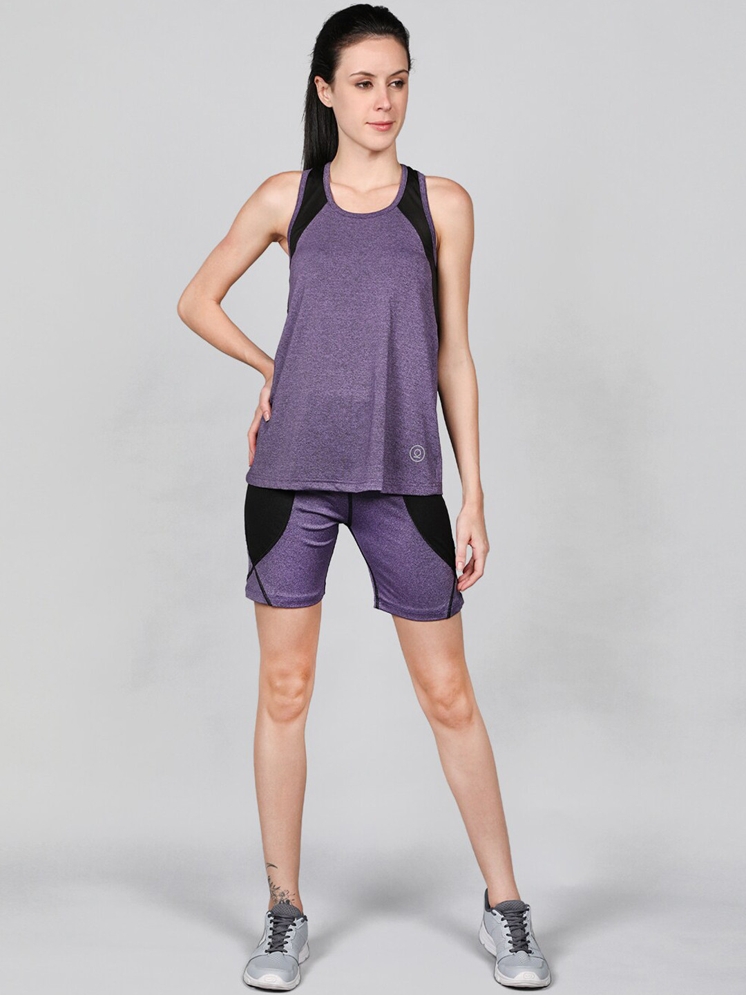 

Chkokko Women Purple & Black Colourblocked Sports Co-ords
