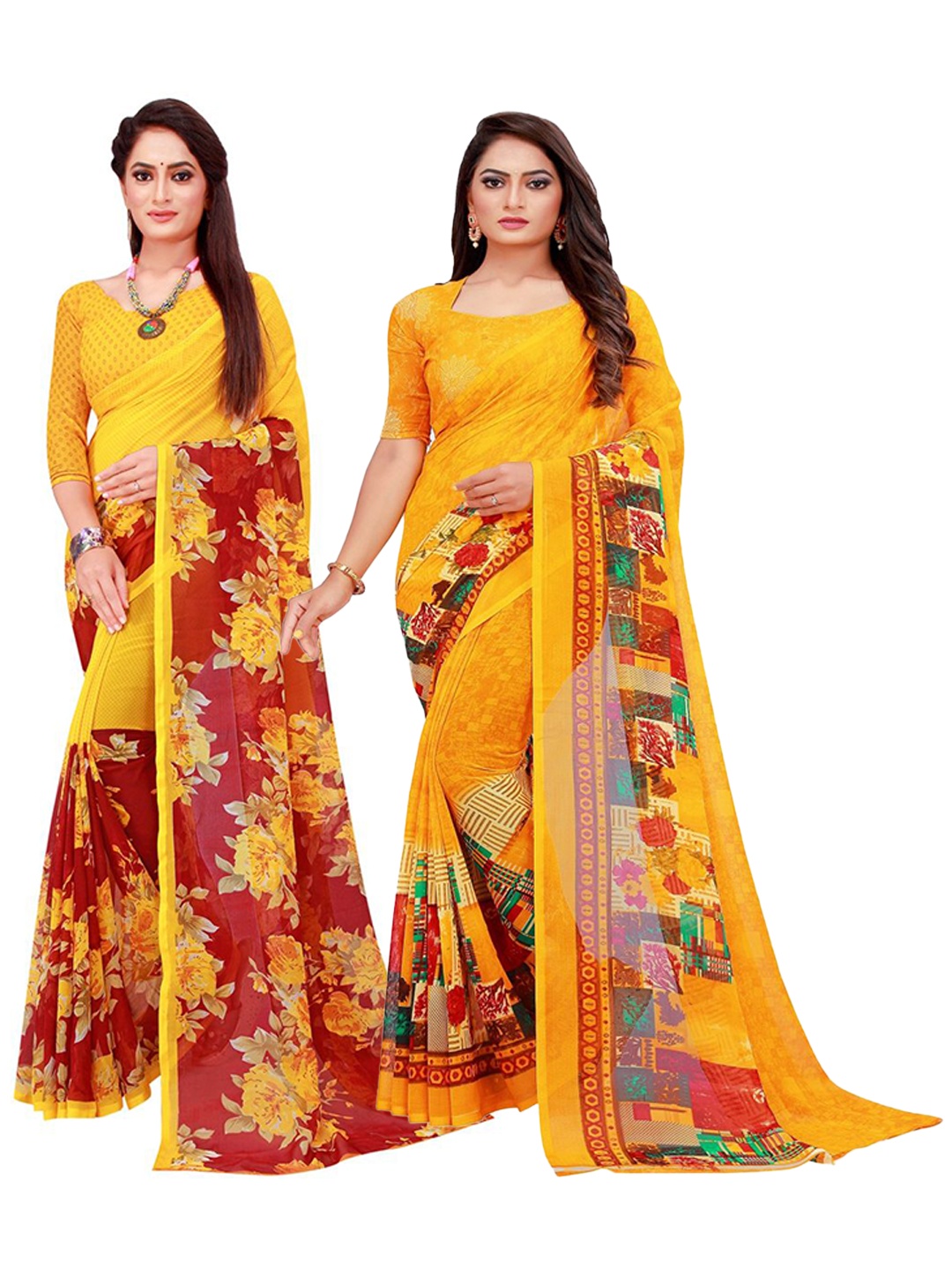 

SAADHVI Yellow & Maroon Set of 2 Floral Printed Georgette Saree