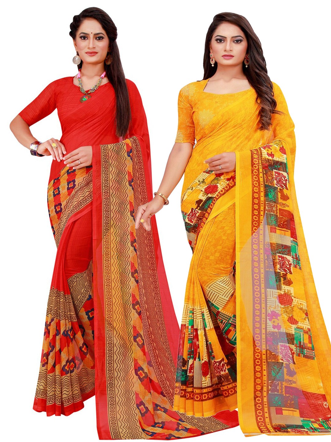 

SAADHVI Red & Yellow Printed Pure Georgette Saree Pack Of 2
