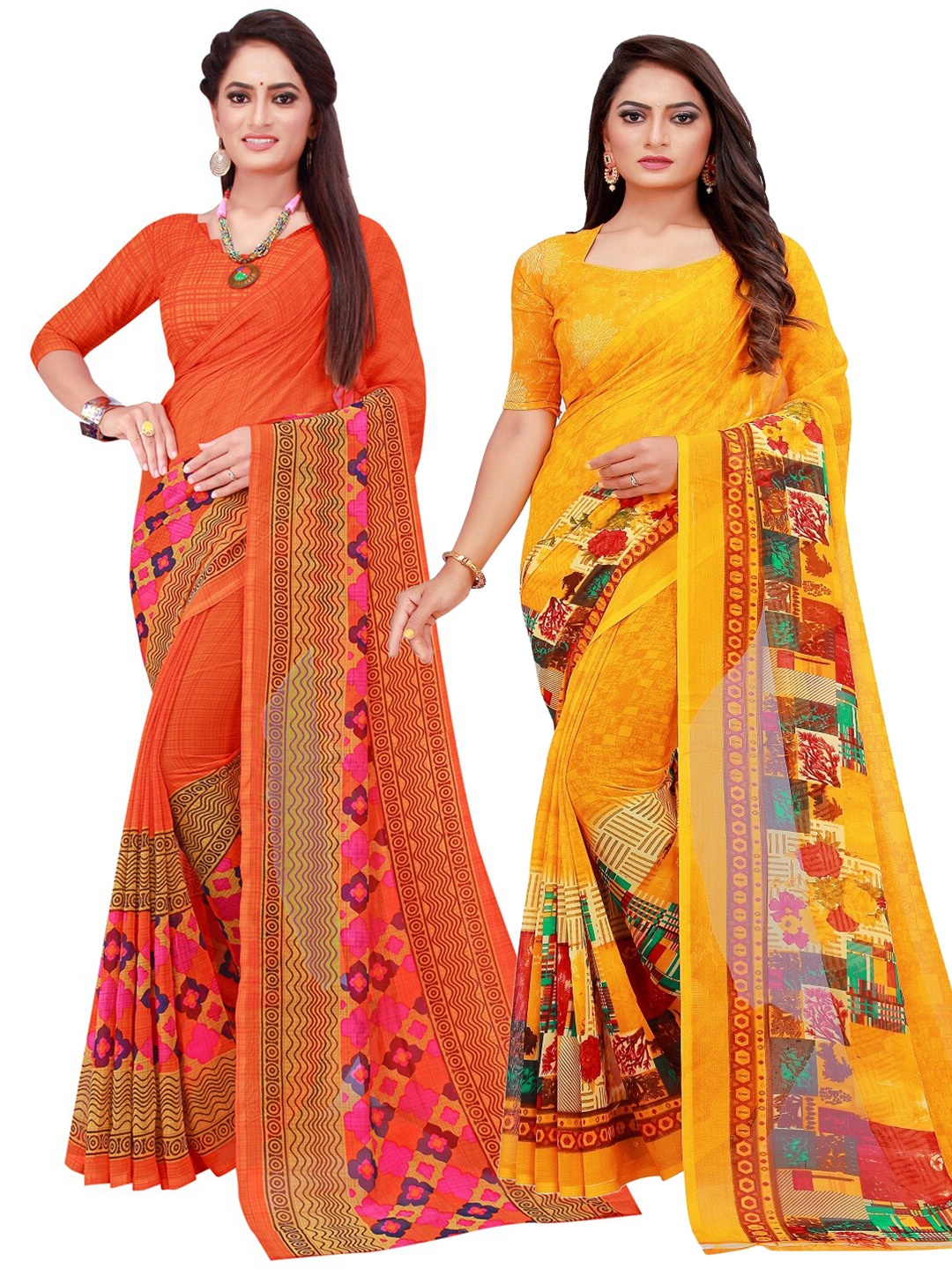 

SAADHVI Orange & Yellow Set Of 2 Floral Pure Georgette Saree