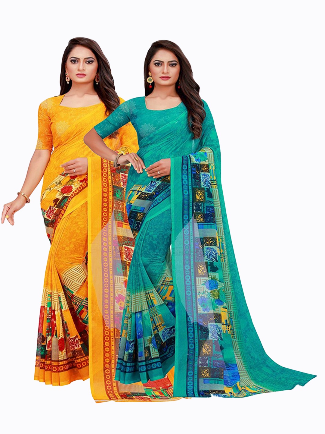 

SAADHVI Turquoise Blue & Yellow Set of 2 Floral Printed Georgette Saree