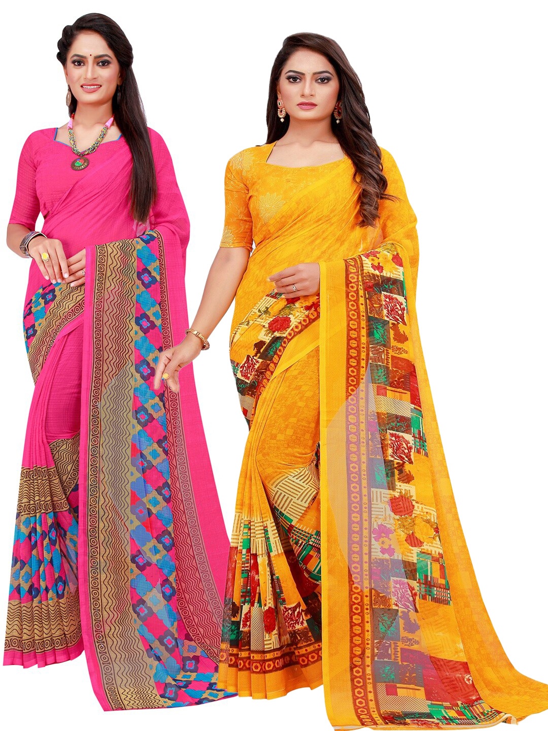 

SAADHVI Magenta & Yellow Printed Pure Georgette Saree Pack Of 2