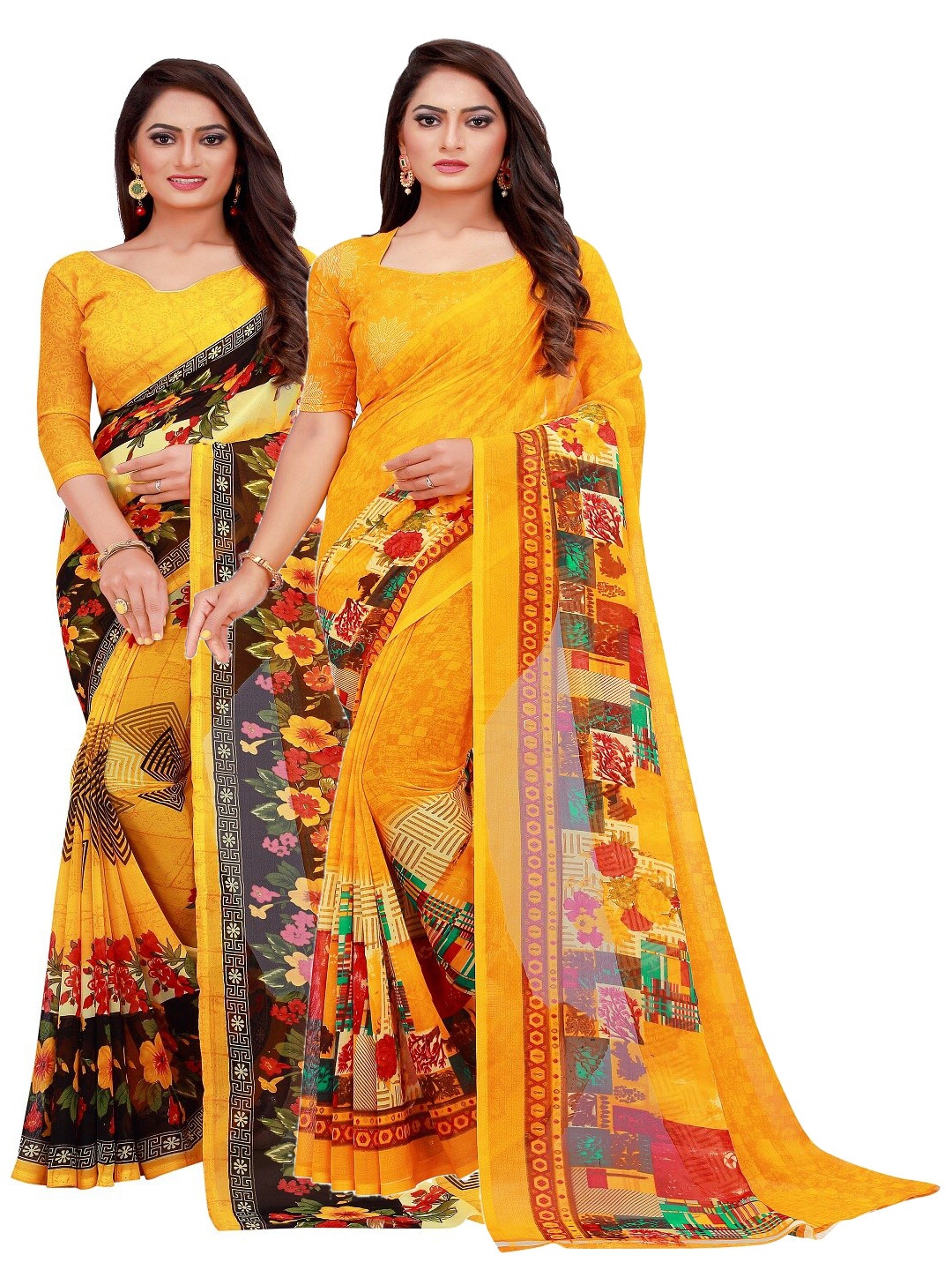 

SAADHVI Yellow Floral Printed Pure Georgette Saree Pack Of 2