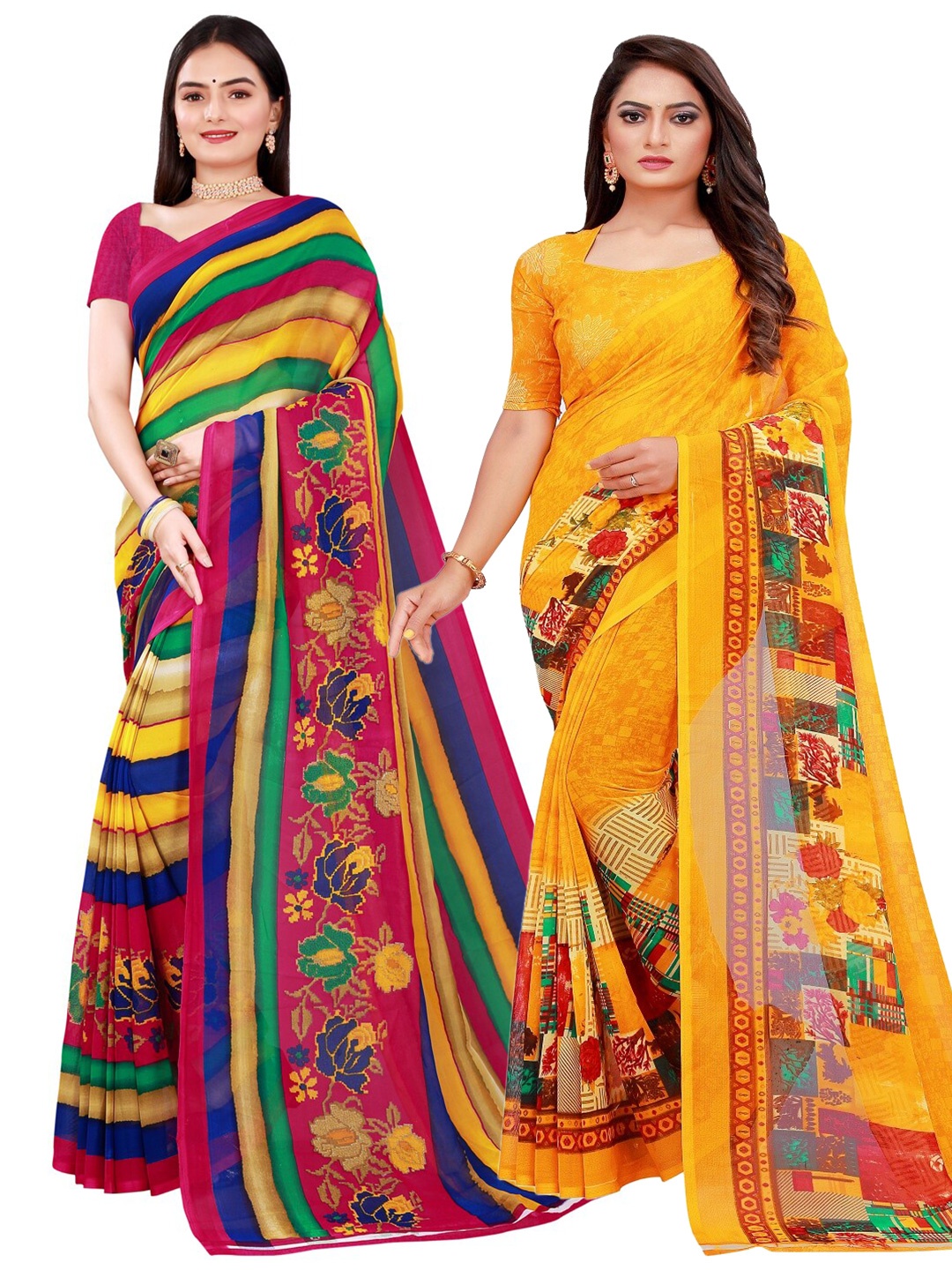 

SAADHVI Yellow & Blue Set Of 2 Floral Pure Georgette Saree