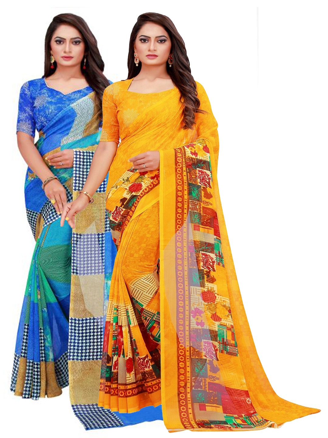 

SAADHVI Blue & Yellow Set of 2 Floral Printed Georgette Saree