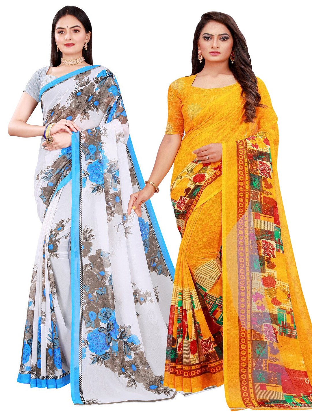 

SAADHVI Yellow & White Floral Printed Pure Georgette Saree Pack Of 2